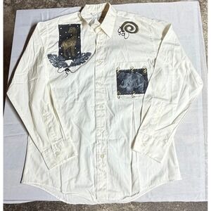 Las Olas Vintage Safari Animal Patch Button Up Shirt Cream Mens Small Giraffe